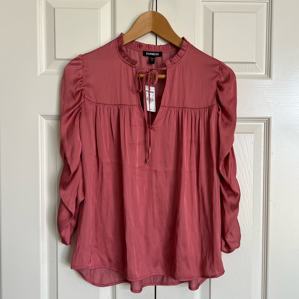 Express Pink Blouse with 3/4 ruched sleeves